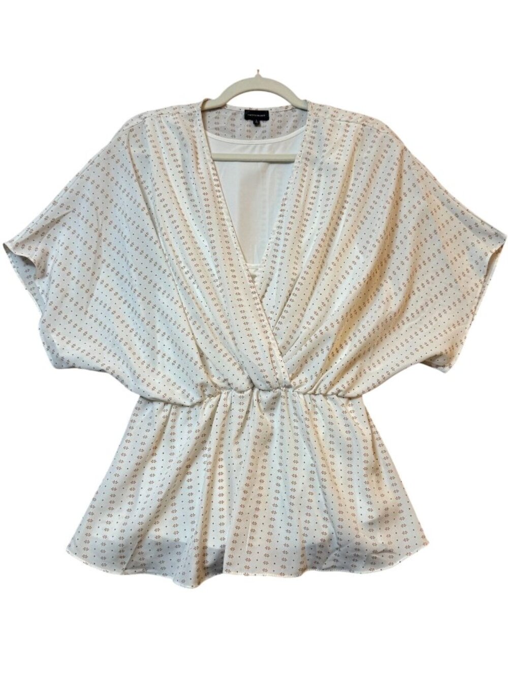 Buckle Black Womens Faux Wrap Blouse Ivory Floral Dot Pattern Size Large